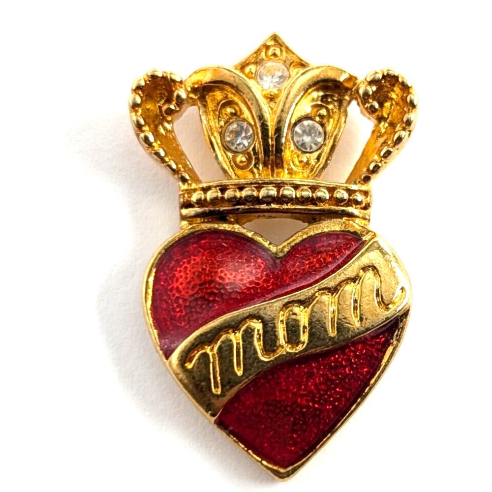 Mom Heart Crown Clear Rhinestones Red Gold Tone Enamel Pin Tie Tack Avon